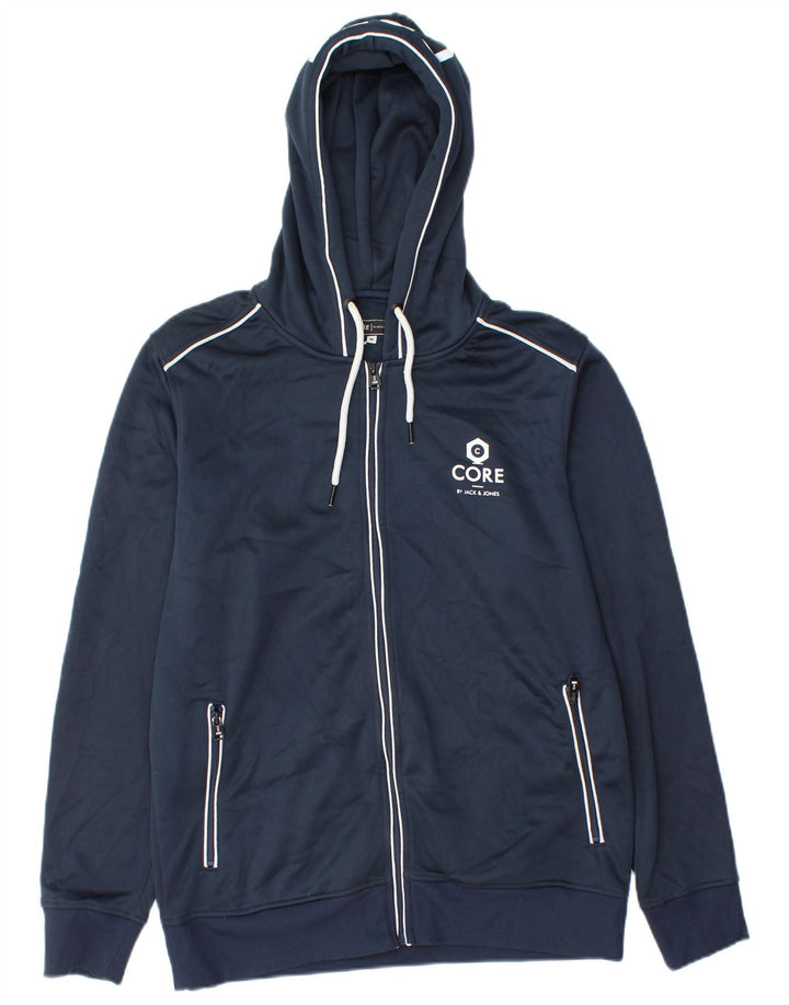 Jack & Jones Mens Graphic Zip Hoodie Sweater Medium Navy Blue Polyester