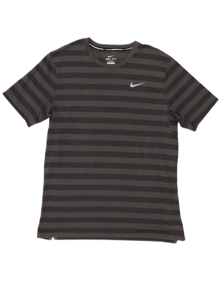 Nike Herren Dri Fit T-Shirt-Oberteil aus mittelgrau gestreiftem Polyester