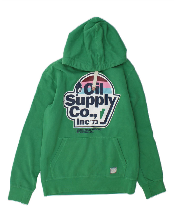 PETROL INDUSTRIES Mens Graphic Hoodie Jumper Medium Green Cotton Vintage Petrol Industries and Second-Hand Petrol Industries from Messina Hembry 