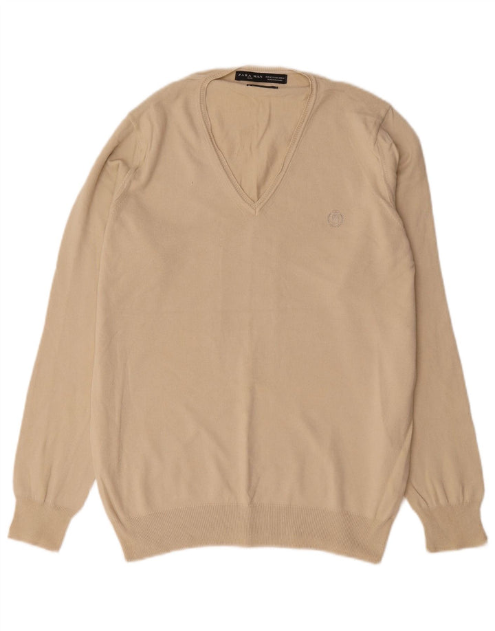 Zara Mens V-Neck Jumper Sweater Medium Beige Cotton