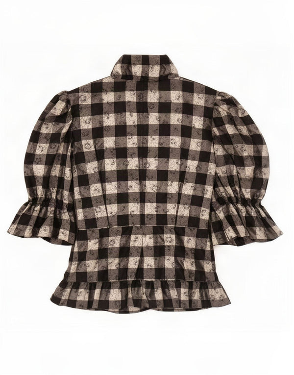 Vintage skjortebluse til kvinder med 3/4 ærmer UK 12 Medium Sort Plaid