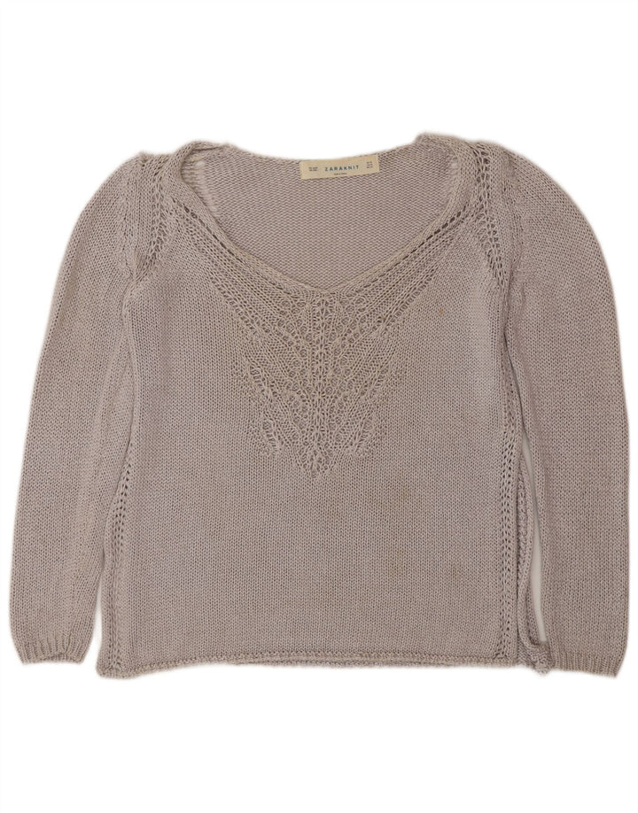 Zara Damen-Pullover mit V-Ausschnitt, Gr. 14, Mittelgrau