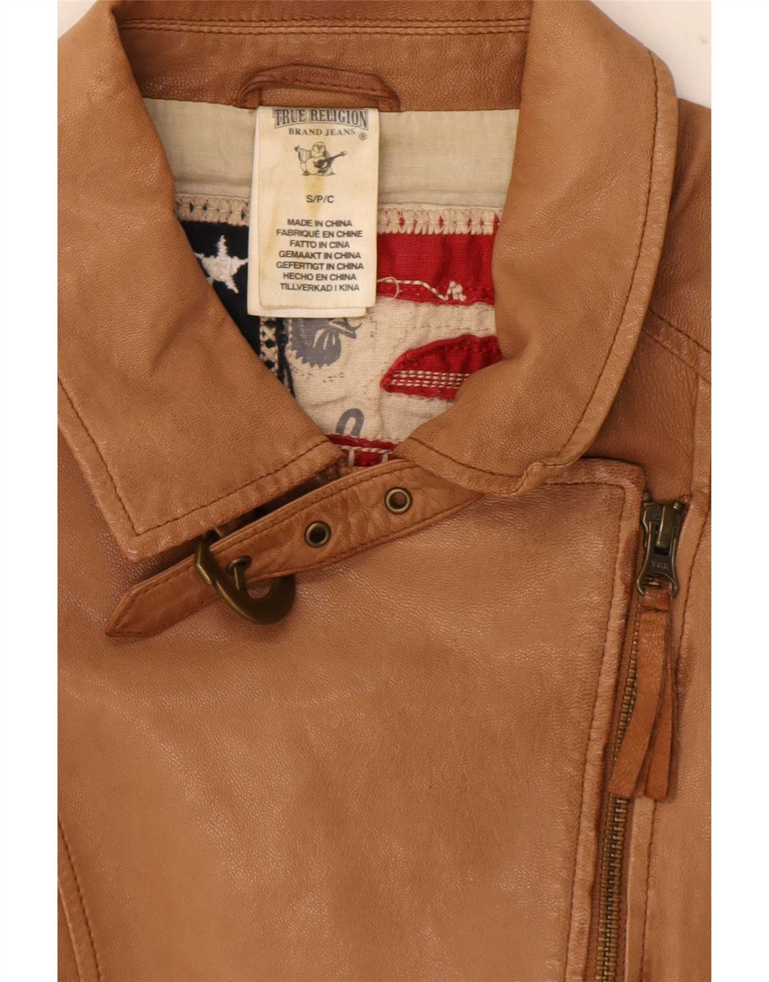 True Religion Dame Læder Biker Jacket UK 10 Small Beige Colourblock