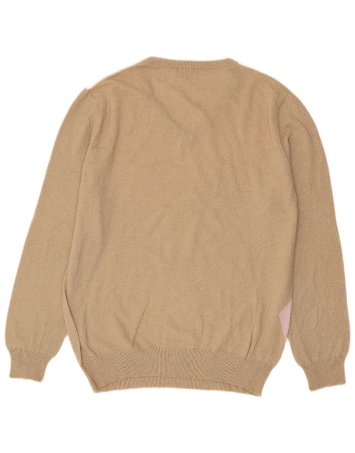 Maglione da uomo con scollo a V Castello, grande, in lana vergine beige a rombi/diamanti