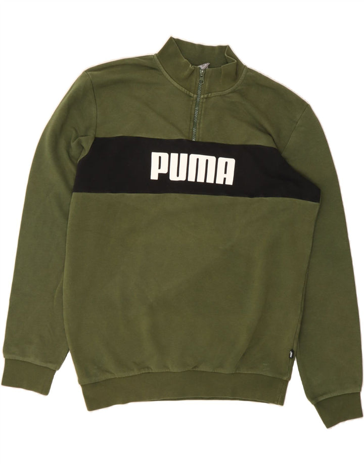 PUMA Mens Graphic Zip Neck Sweatshirt Jumper Medium Green Colourblock Vintage Puma and Second-Hand Puma from Messina Hembry 