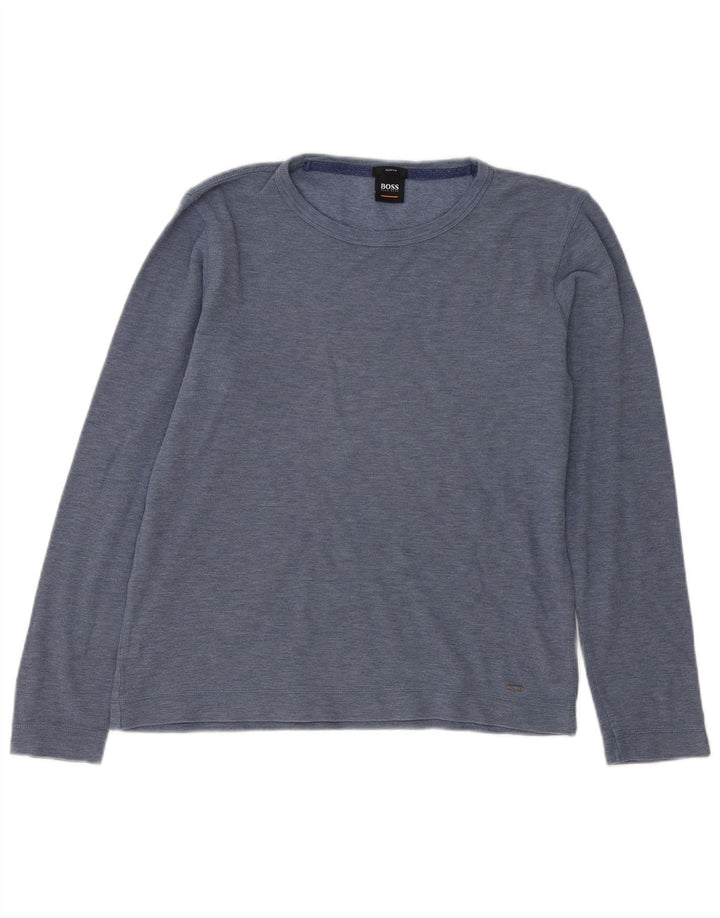 Hugo Boss Herren-Oberteil, langärmelig, mittelmarineblau gesprenkelte Baumwolle