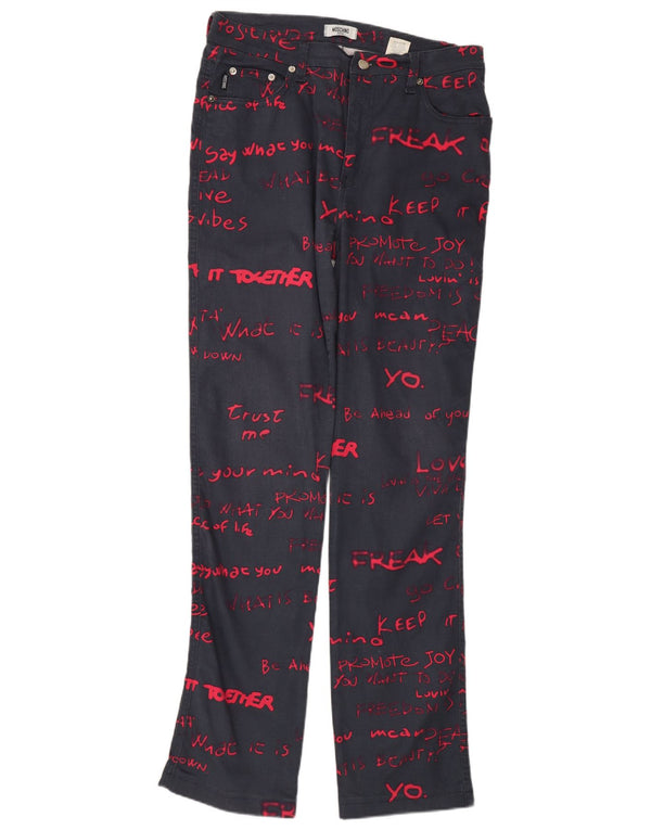 Pantaloni casual dritti con grafica da donna Moschino W33 L32 cotone blu navy