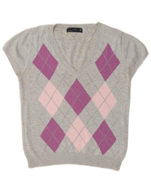 Zara Womens V-Neck Jumper Sweater UK 12 Medium Grey Argyle/Diamond