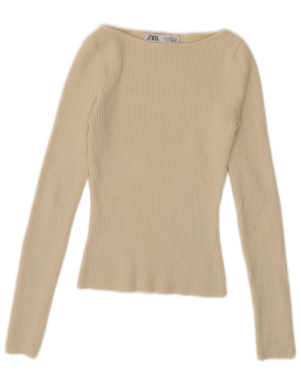 Zara Womens Crop Top Long Sleeve UK 8 Small Beige