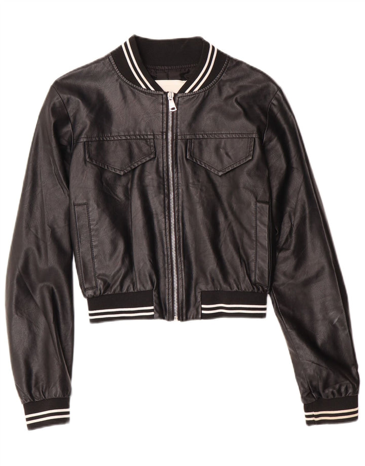 GAELLE Womens Graphic Crop Leather Jacket UK 6 XS Black