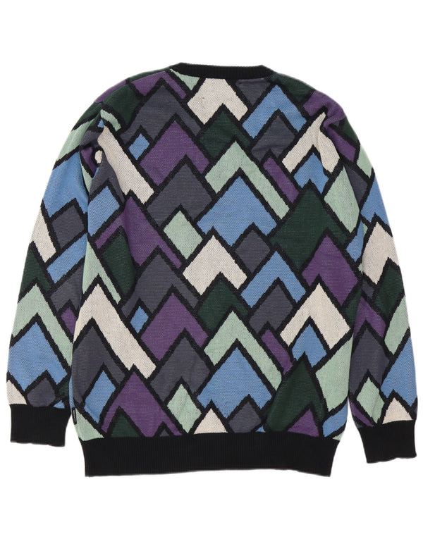 Vintage Herren-Pullover mit Rundhalsausschnitt, mittelgroße, mehrfarbige, geometrische Baumwolle