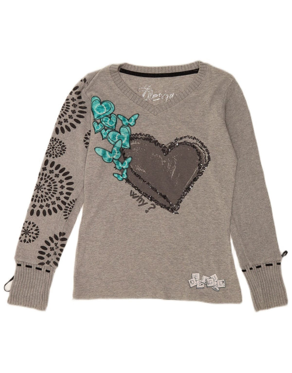Desigual Dame Grafisk Top Langærmet UK 14 Medium Grey Heart