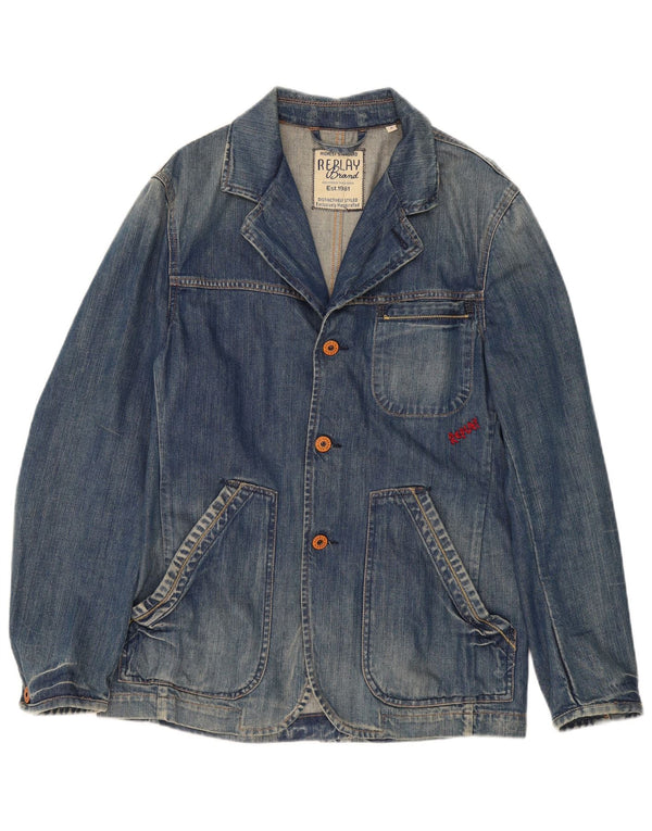 Replay Mens 3 Button Denim Blazer Jacket UK 38 Medium Blue Cotton