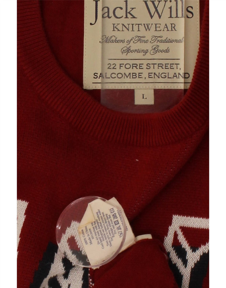 JACK WILLS Mens Graphic Crew Neck Jumper Sweater Large Burgundy Cotton Vintage Jack Wills and Second-Hand Jack Wills from Messina Hembry 