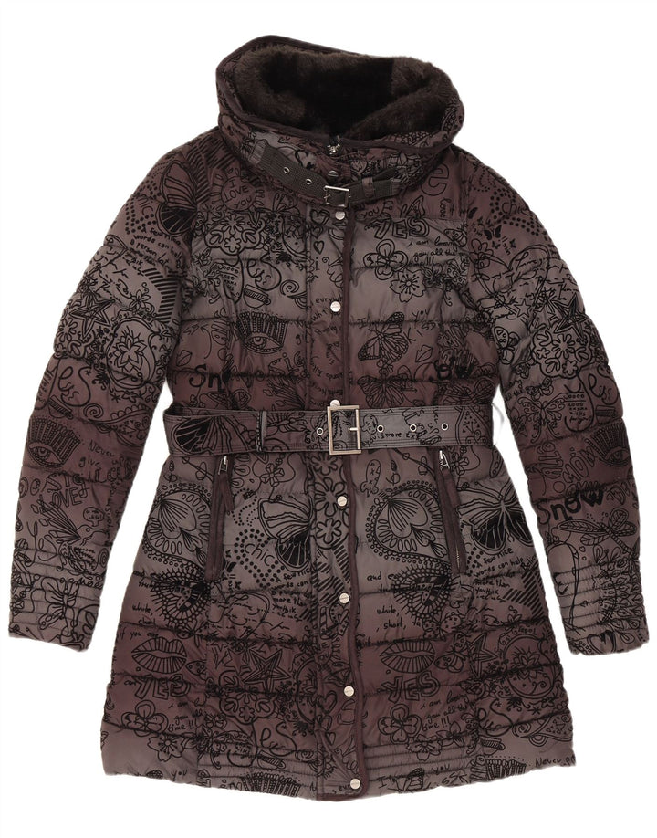 Desigual Womens Hooded Padded Coat EU 38 Medium Black Floral Polyester