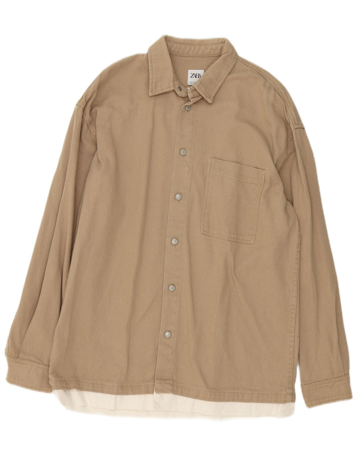 Zara Mens Relaxed Fit Shirt Medium Beige Colourblock Cotton