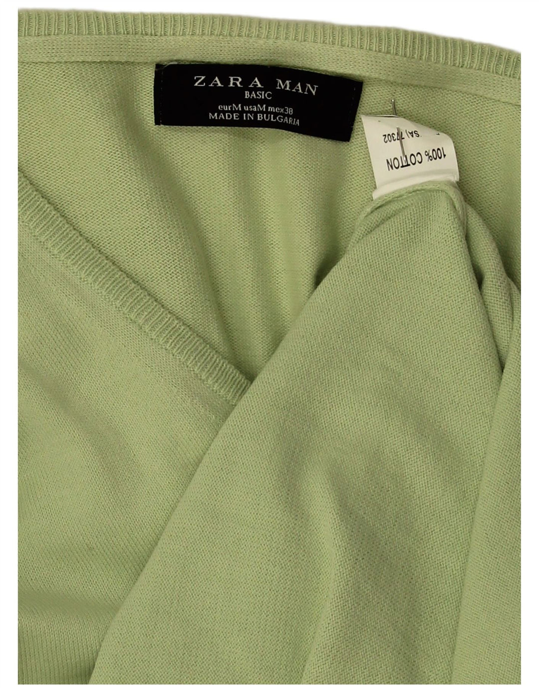 Zara Mens V-Neck Jumper Sweater Medium Green Cotton