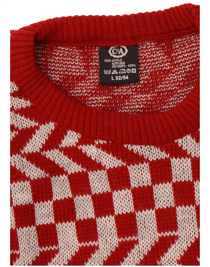 C & A Mens Crew Neck Jumper Sweater Large Red Geometric Acrylic