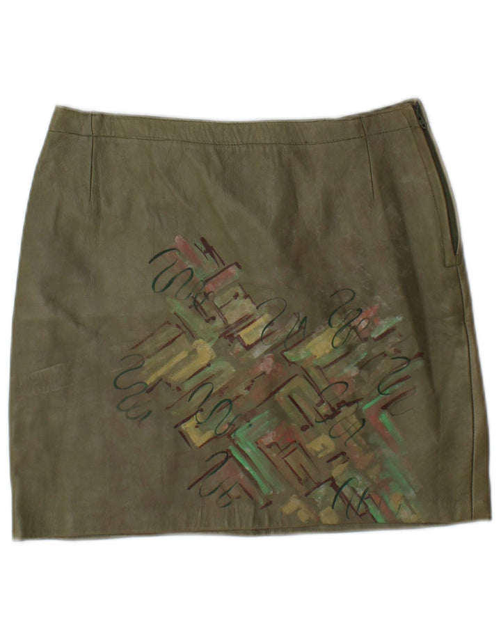 Vintage Womens Graphic Mini Leather Skirt W26 Small Khaki