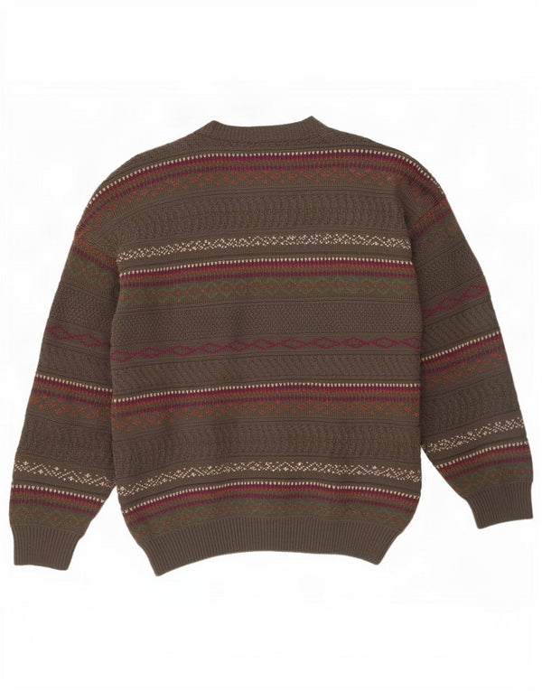 vintage Mens Crew Neck Jumper Pull XL Marron Fair Isle Acrylique