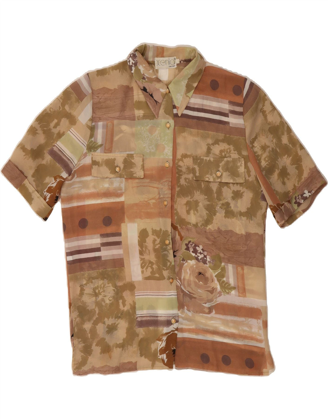 VINTAGE Womens Short Sleeve Shirt Blouse UK 16 Large Brown Patchwork Vintage Vintage and Second-Hand Vintage from Messina Hembry 