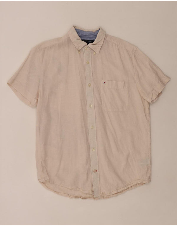 Tommy Hilfiger Mens Short Sleeve Regular Fit Shirt Large Beige Linen