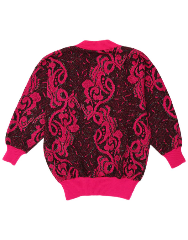 Vintage ženski džemper s V-izrezom UK 16 Veliki ružičasti poliakril s paisley motivima