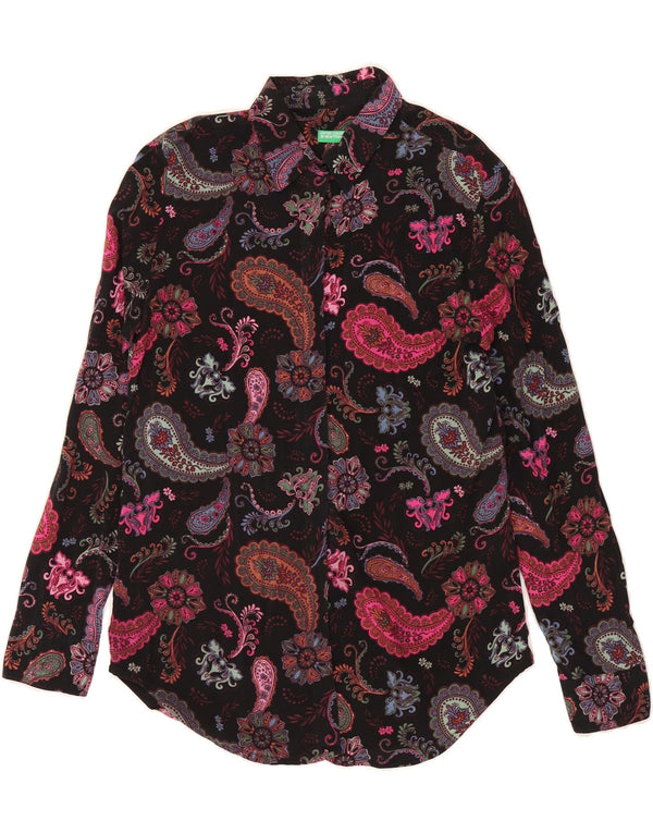 BENETTON Damen-Hemd UK 10 Small Schwarz Paisley Modal