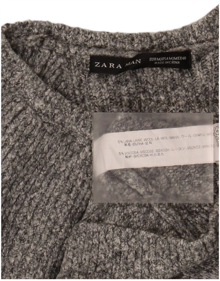Zara Mens Boat Neck Jumper Sweater Medium Grey Flecked Wool