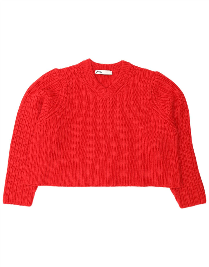 Zara Womens Crop Oversized V-Neck Jumper Sweater UK 14 Medium Red