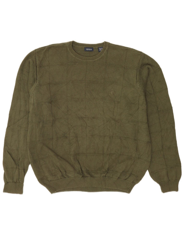 Izod Mens Crew Neck Jumper Sweater Large Khaki Check Cotton