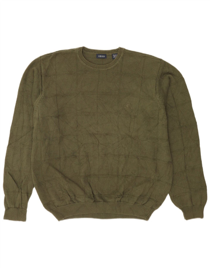 Izod Mens Crew Neck Jumper Sweater Large Khaki Check Cotton