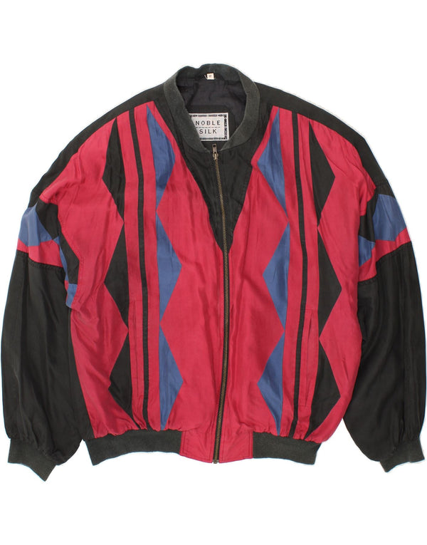 VINTAGE Mens Loose Fit Bomber Jacket UK 38 Medium Black Geometric Silk