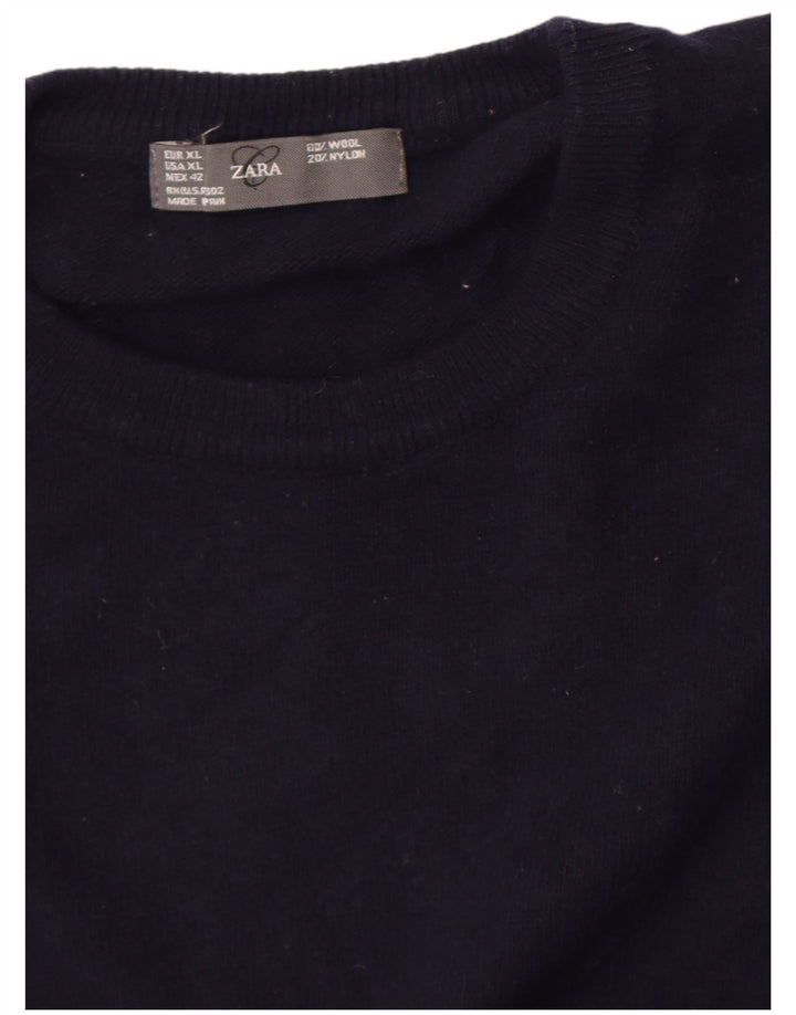 Zara Mens Crew Neck Jumper Sweater XL Navy Blue Wool