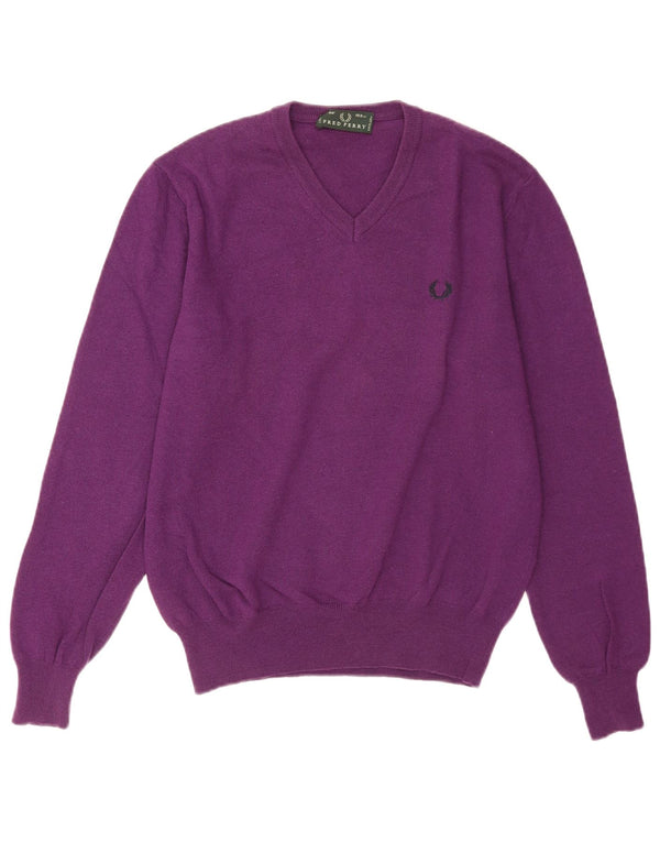 Fred Perry Mens V-Neck Jumper Sweater Medium Purple Wool