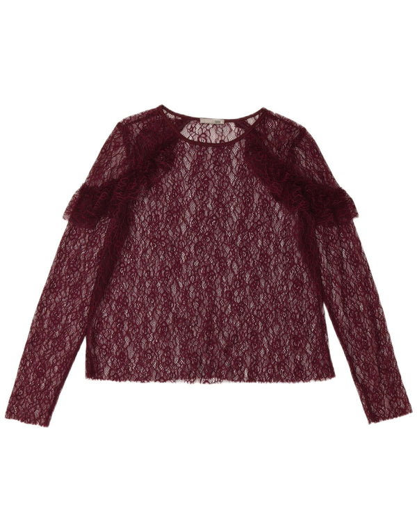 Zara Womens Long Sleeve See Through Top UK 12 Medium Burgundy Floral