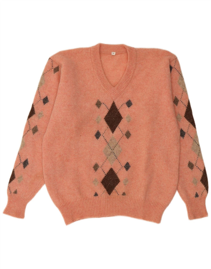 Vintage Mens V-Neck Jumper Sweater Large Orange Argyle/Diamond