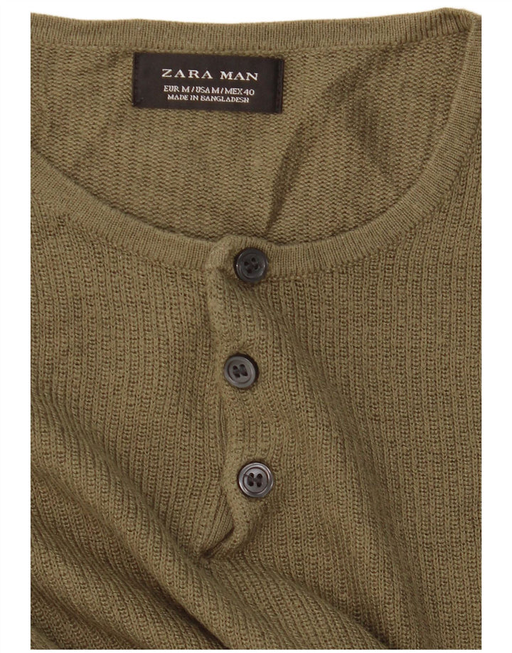 Zara Mens Button Neck Jumper Sweater Medium Khaki
