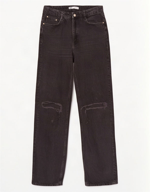 Zara Womens Distressed Straight Jeans EU 38 Small W28 L34 Black Cotton