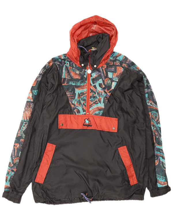 Vintage hombres con capucha Anorak chaqueta de lluvia Reino Unido 38 medio negro geométrico