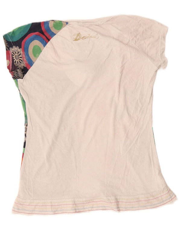 Desigual Damen Grafik-T-Shirt-Oberteil UK 14 Große weiße Baumwolle mit Blumenmuster