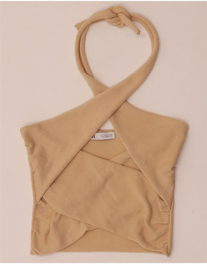 Zara Femme Crop Halter Top UK 8 Small Beige Viscose