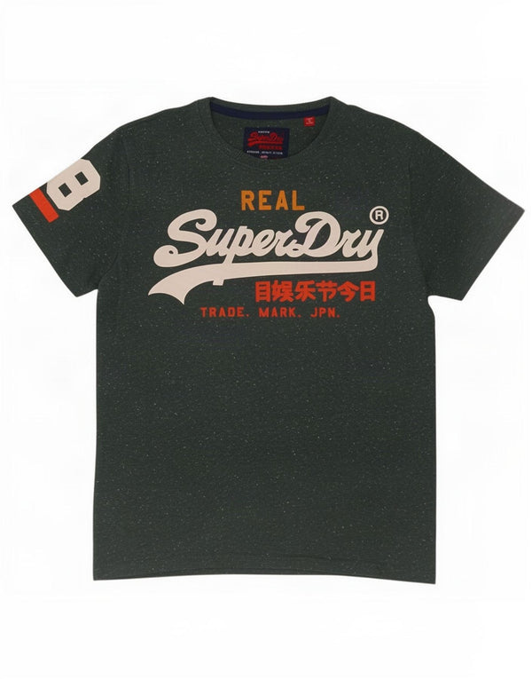 Superdry Mens Graphic T-Shirt Top Large Green Flecked Cotton