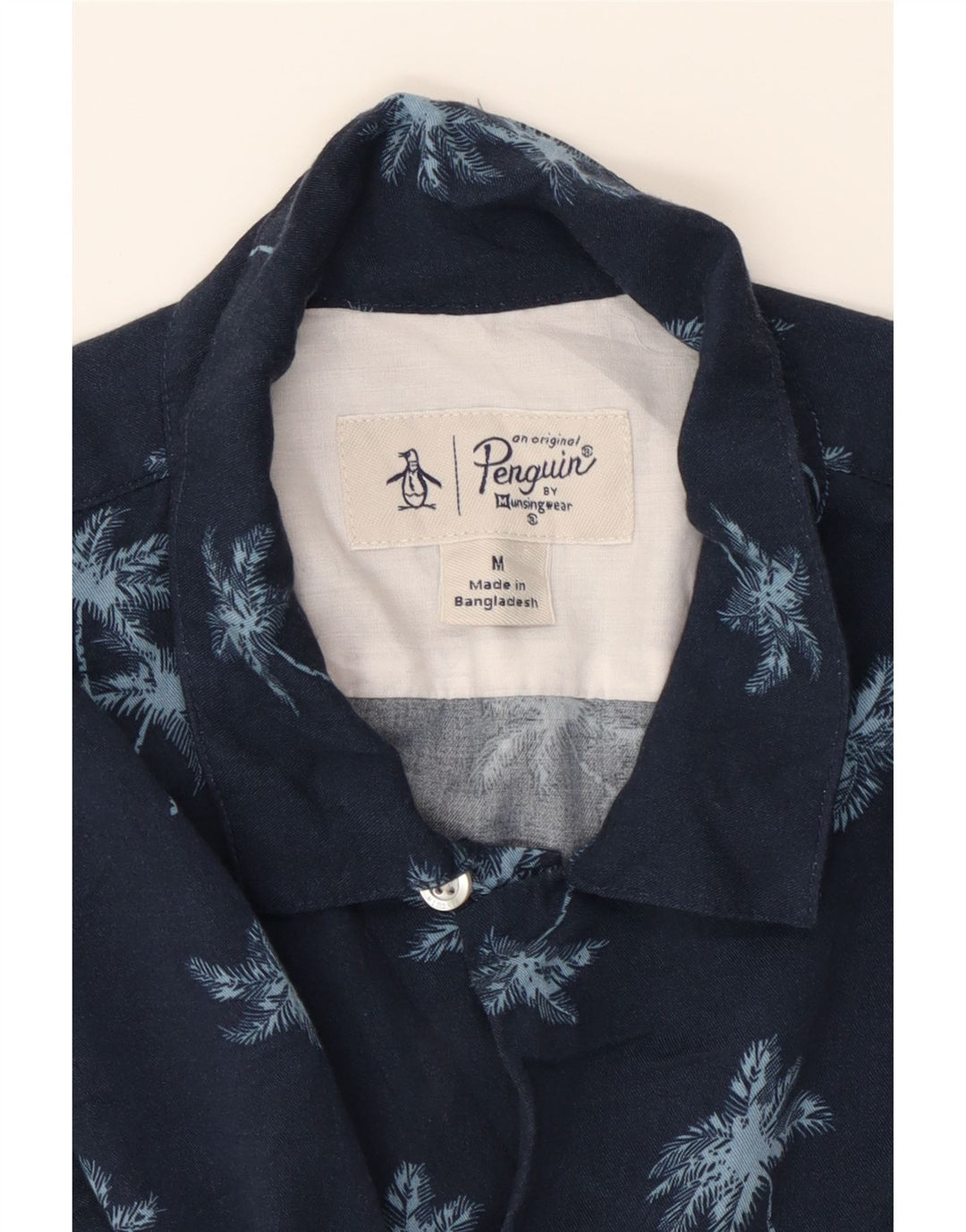 PENGUIN Mens Abstract Pattern Short Sleeve Shirt Medium Navy Blue Viscose Vintage Penguin and Second-Hand Penguin from Messina Hembry 