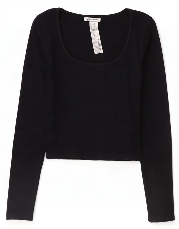 Zara Γυναικείο Crop Top Μακρυμάνικο UK 12 Medium Black Polyamide