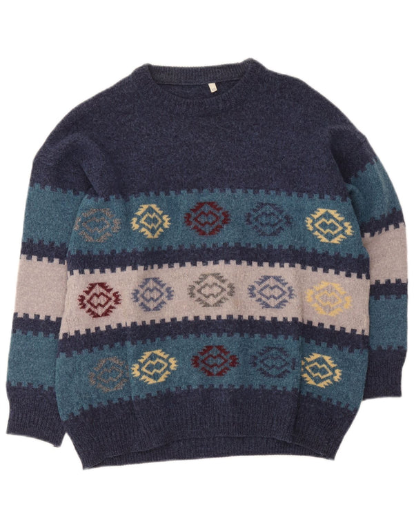 Vintage Herre Crew Neck Jumper Sweater IT 50 Medium Navy Blue Geometric
