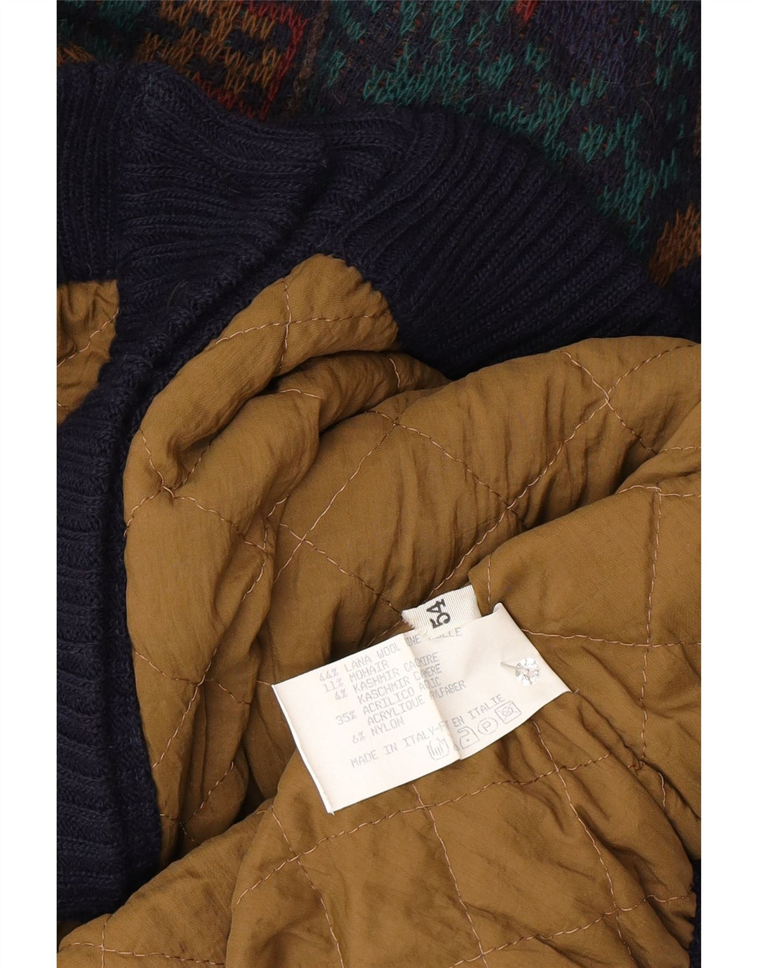 Vintage strik bomberjakke til mænd IT 54 2XL flerfarvet geometrisk uld
