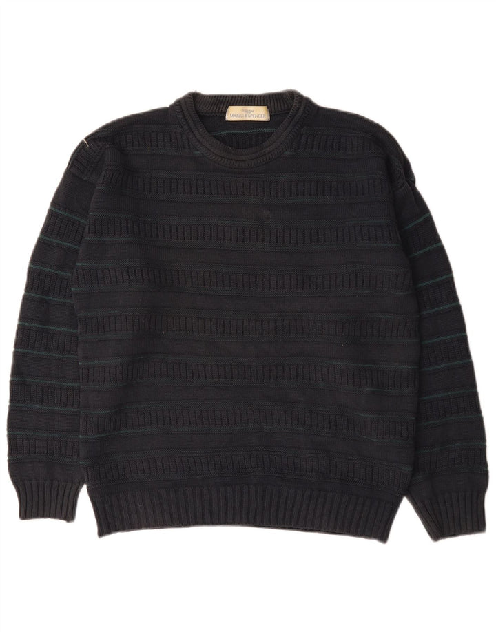Marks & Spencer Mens Crew Neck Jumper Sweater Medium Black Striped Acrylic