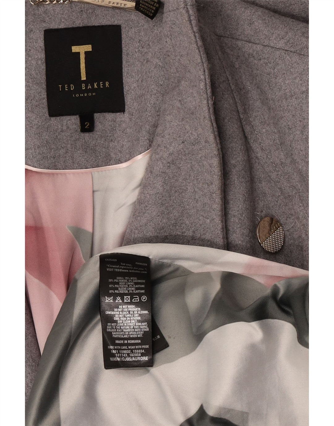 Ted Baker Womens Overcoat Size 2 Small Grey Wool
