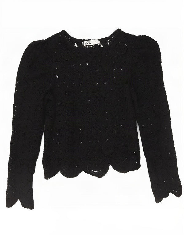 Zara Womens Crop Crochet Top 3/4 ærme UK 8 Small Black Floral